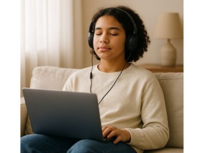 Teenager practicing gut-directed hypnosis via telehealth on laptop, relaxing with guided imagery