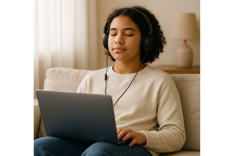 Teenager practicing gut-directed hypnosis via telehealth on laptop, relaxing with guided imagery