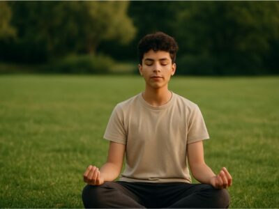 Person practicing mindfulness with a visual of the gut-brain connection in the background.