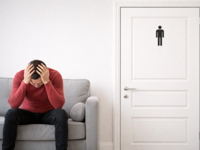 Man sitting outside of a bathroom