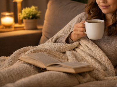 Woman relaxing on the couch reading a book