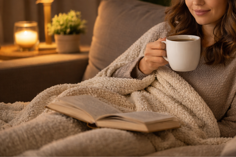 Woman relaxing on the couch reading a book