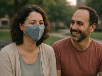 Woman in a face mask sitting with a man