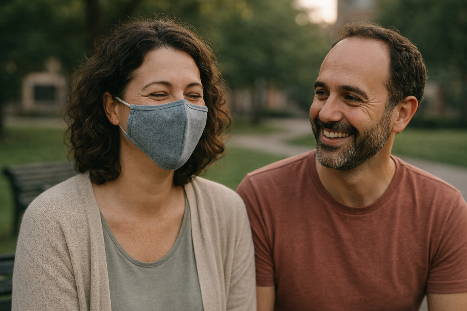 Woman in a face mask sitting with a man
