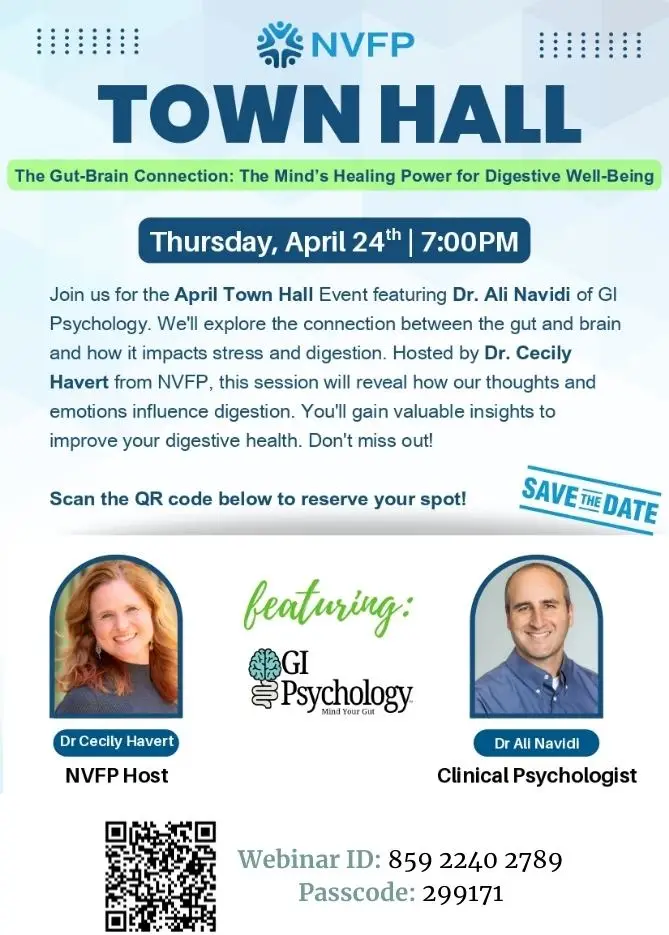 Town Hall flyer April 2025, Northern Virginia family practice and GI Psychology